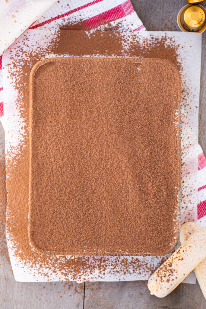 Travessa com tiramisu tradicional polvilhado com cacau em pó pronto para servir