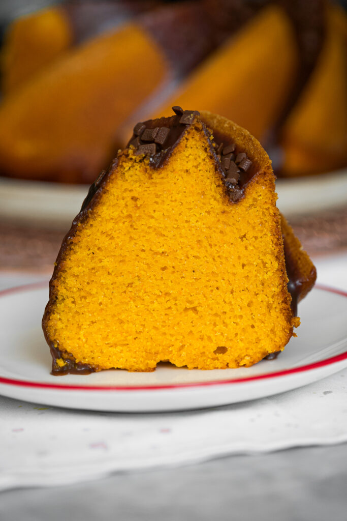 Fatia de bolo de cenoura com chocolate mostrando textura fofinha e úmida